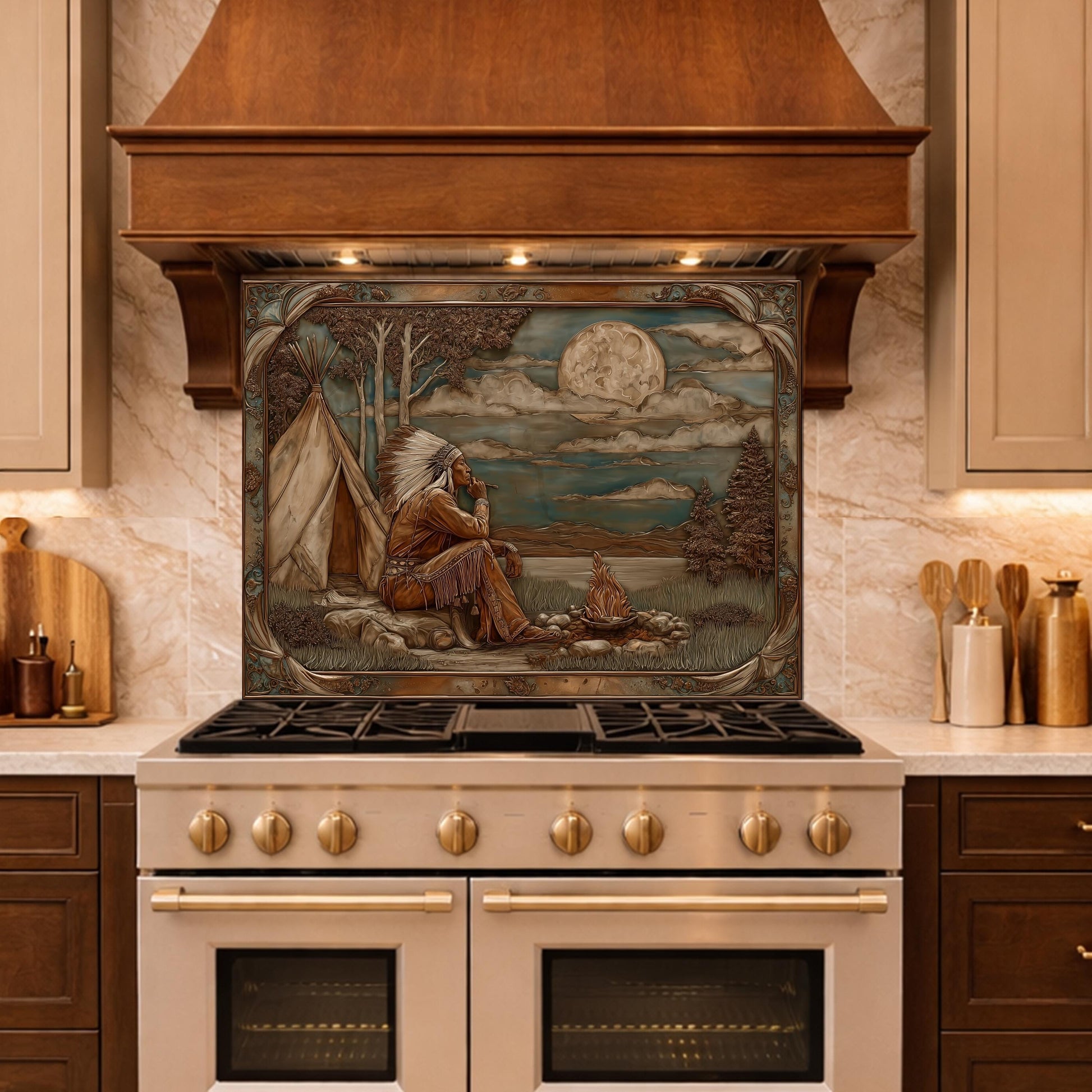 Native American Leader Moonlit Campfire Tempered Glass Backsplash, Western Heritage Relief Wall Panel