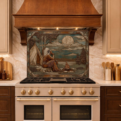 Native American Leader Moonlit Campfire Tempered Glass Backsplash, Western Heritage Relief Wall Panel