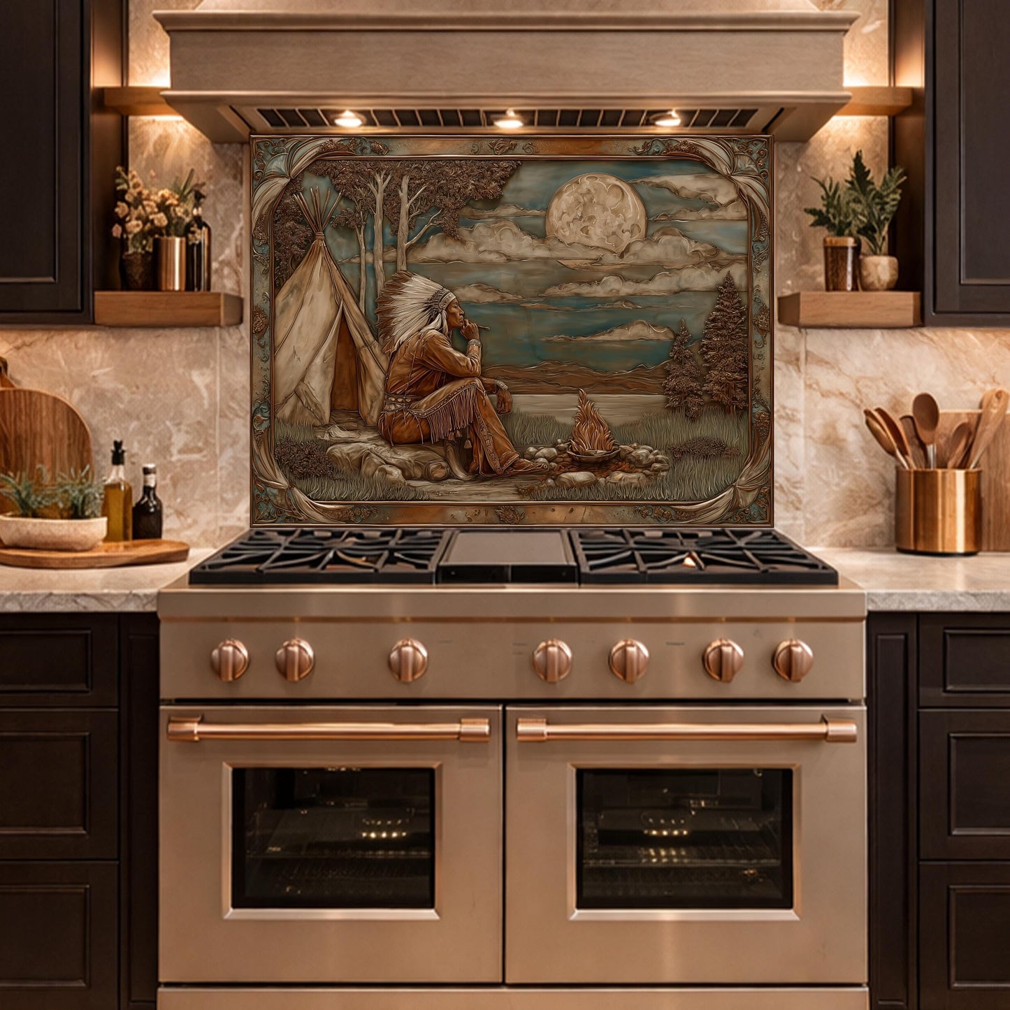 Native American Leader Moonlit Campfire Tempered Glass Backsplash, Western Heritage Relief Wall Panel