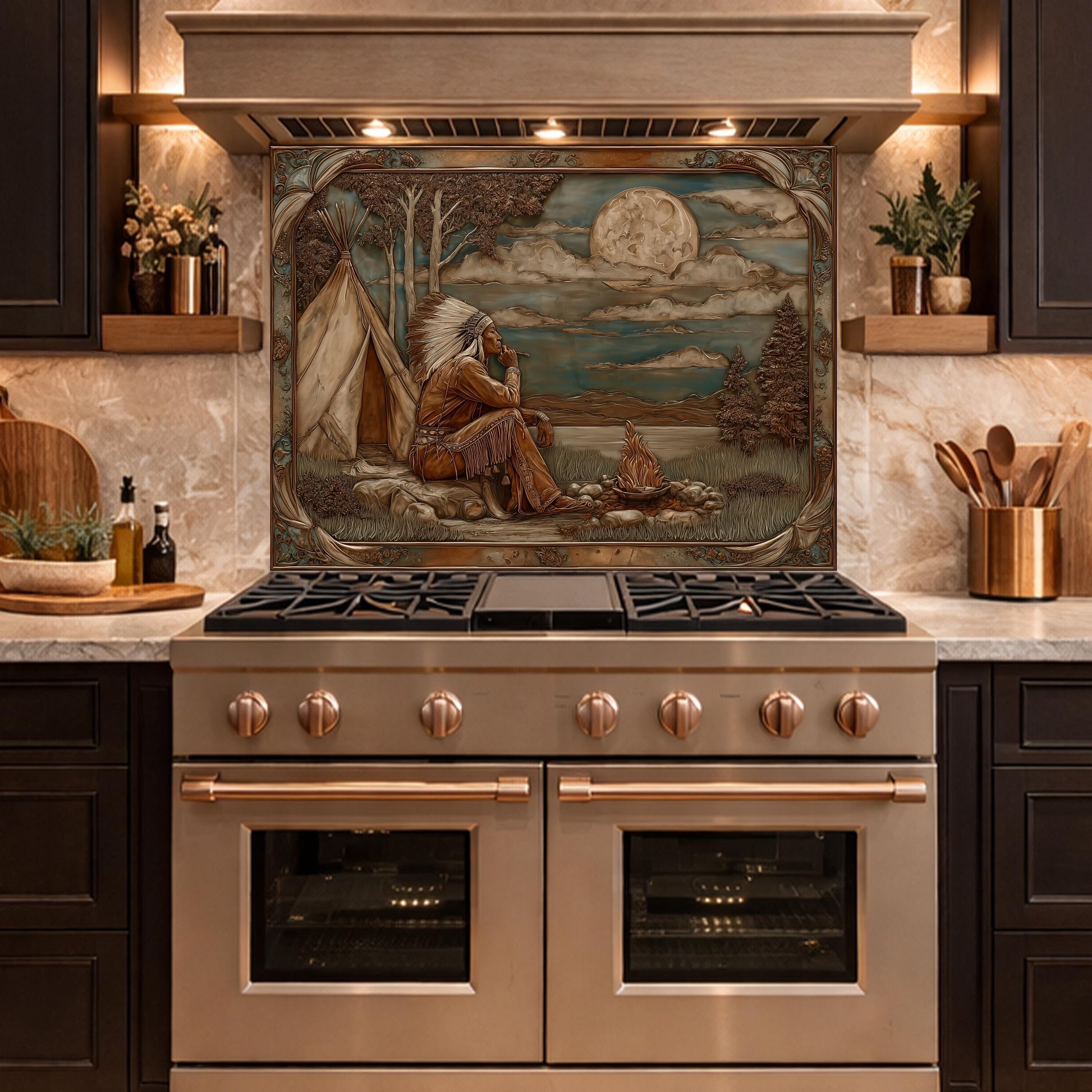 Native American Leader Moonlit Campfire Tempered Glass Backsplash, Western Heritage Relief Wall Panel