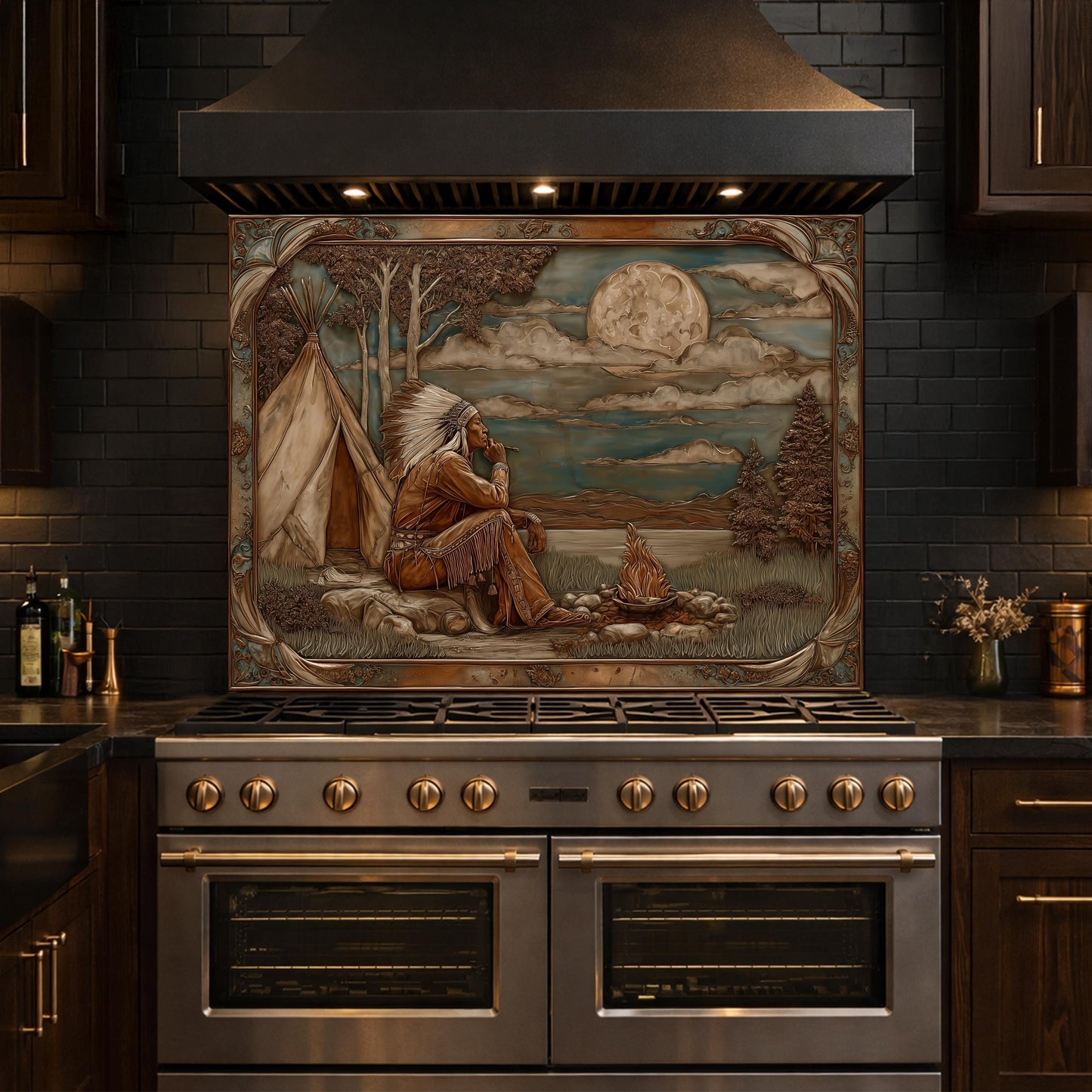 Native American Leader Moonlit Campfire Tempered Glass Backsplash, Western Heritage Relief Wall Panel