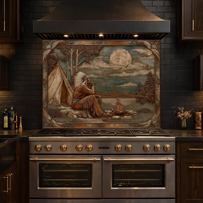 Native American Leader Moonlit Campfire Tempered Glass Backsplash, Western Heritage Relief Wall Panel