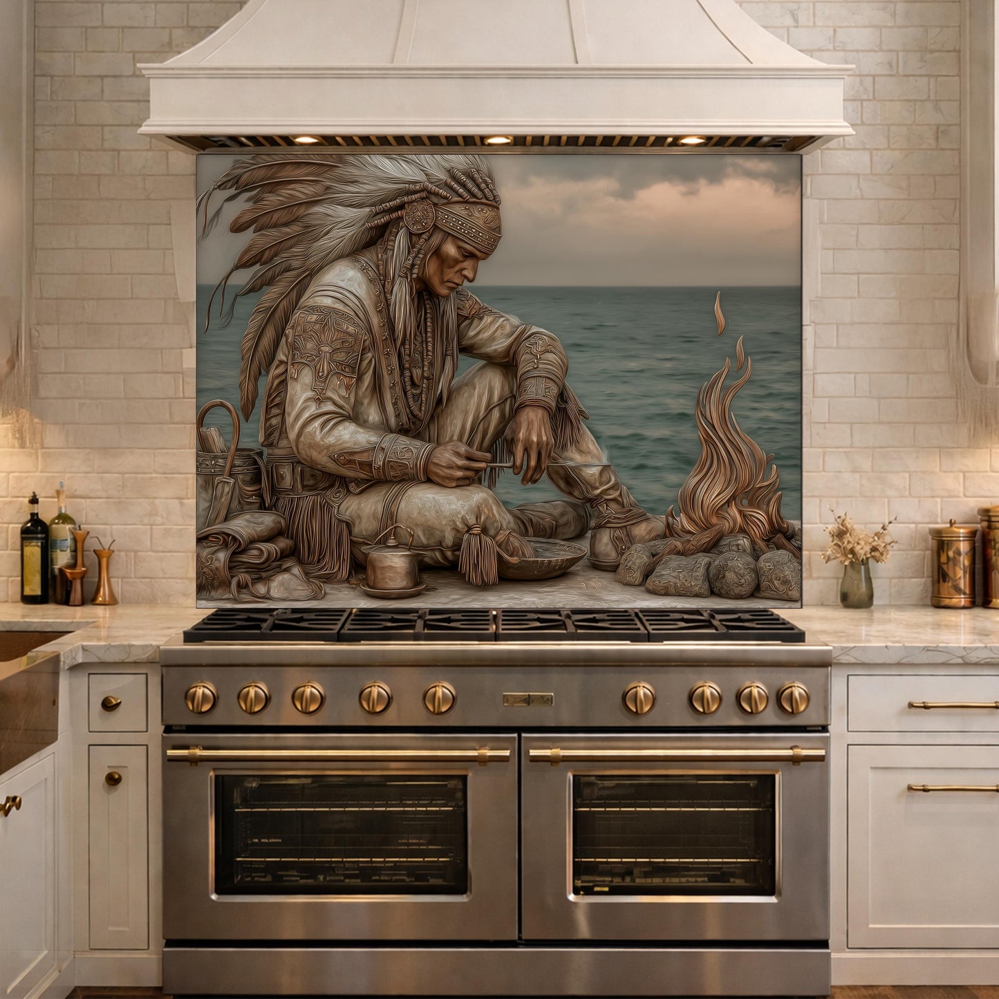 Native American Leader Coastal Fire Tempered Glass Backsplash, Heritage Carved Relief Wall Panel