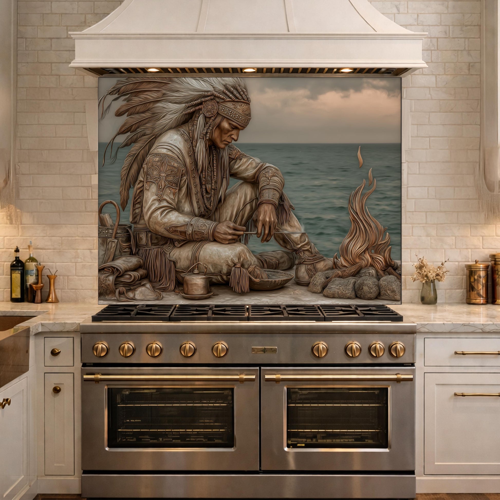 Native American Leader Coastal Fire Tempered Glass Backsplash, Heritage Carved Relief Wall Panel