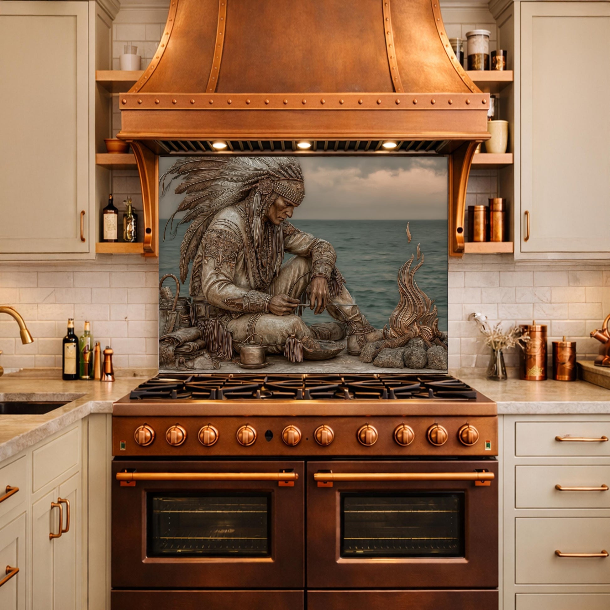 Native American Leader Coastal Fire Tempered Glass Backsplash, Heritage Carved Relief Wall Panel
