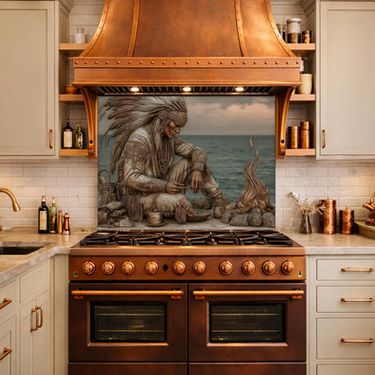 Native American Leader Coastal Fire Tempered Glass Backsplash, Heritage Carved Relief Wall Panel