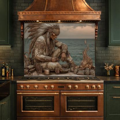 Native American Leader Coastal Fire Tempered Glass Backsplash, Heritage Carved Relief Wall Panel