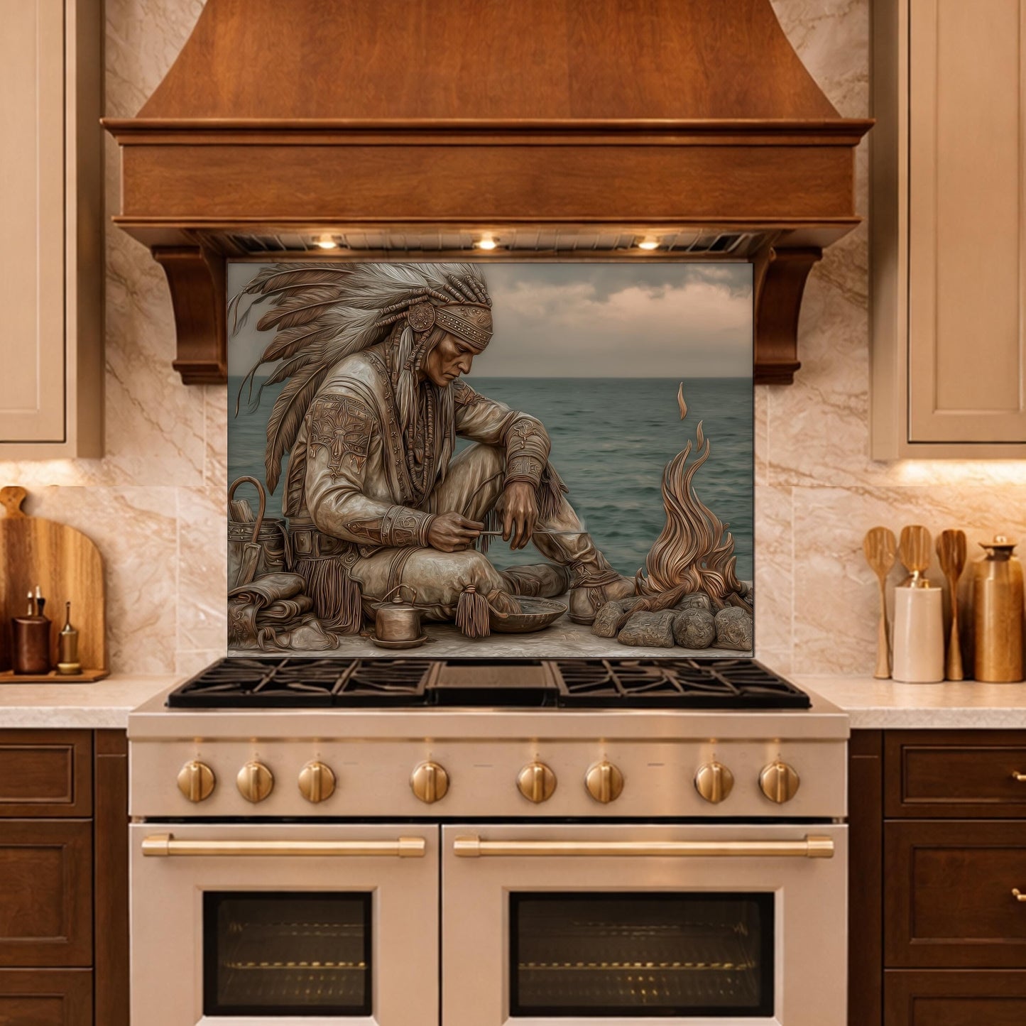 Native American Leader Coastal Fire Tempered Glass Backsplash, Heritage Carved Relief Wall Panel
