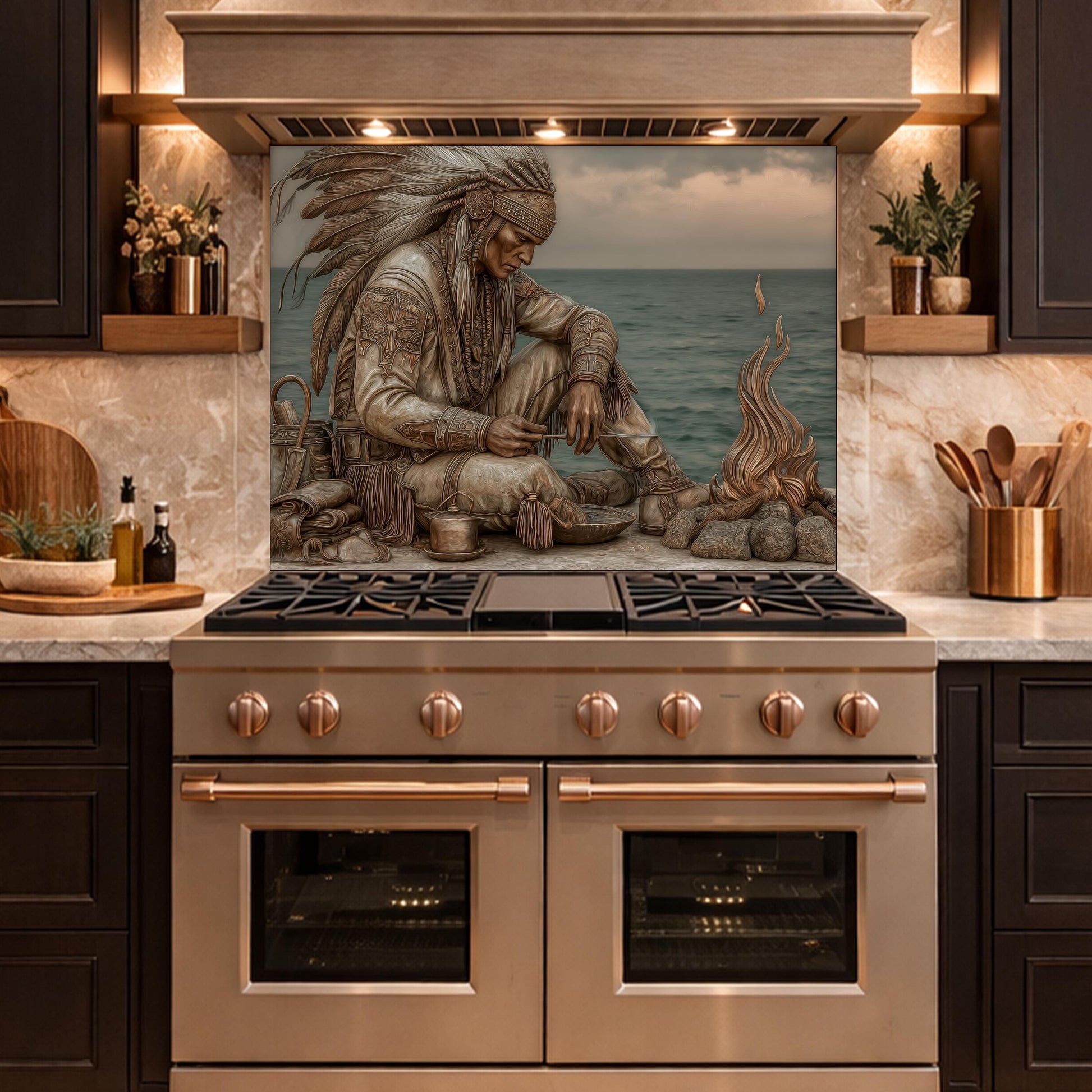 Native American Leader Coastal Fire Tempered Glass Backsplash, Heritage Carved Relief Wall Panel
