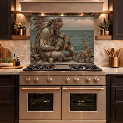 Native American Leader Coastal Fire Tempered Glass Backsplash, Heritage Carved Relief Wall Panel