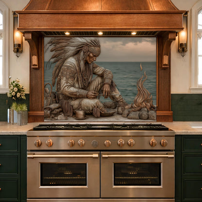 Native American Leader Coastal Fire Tempered Glass Backsplash, Heritage Carved Relief Wall Panel