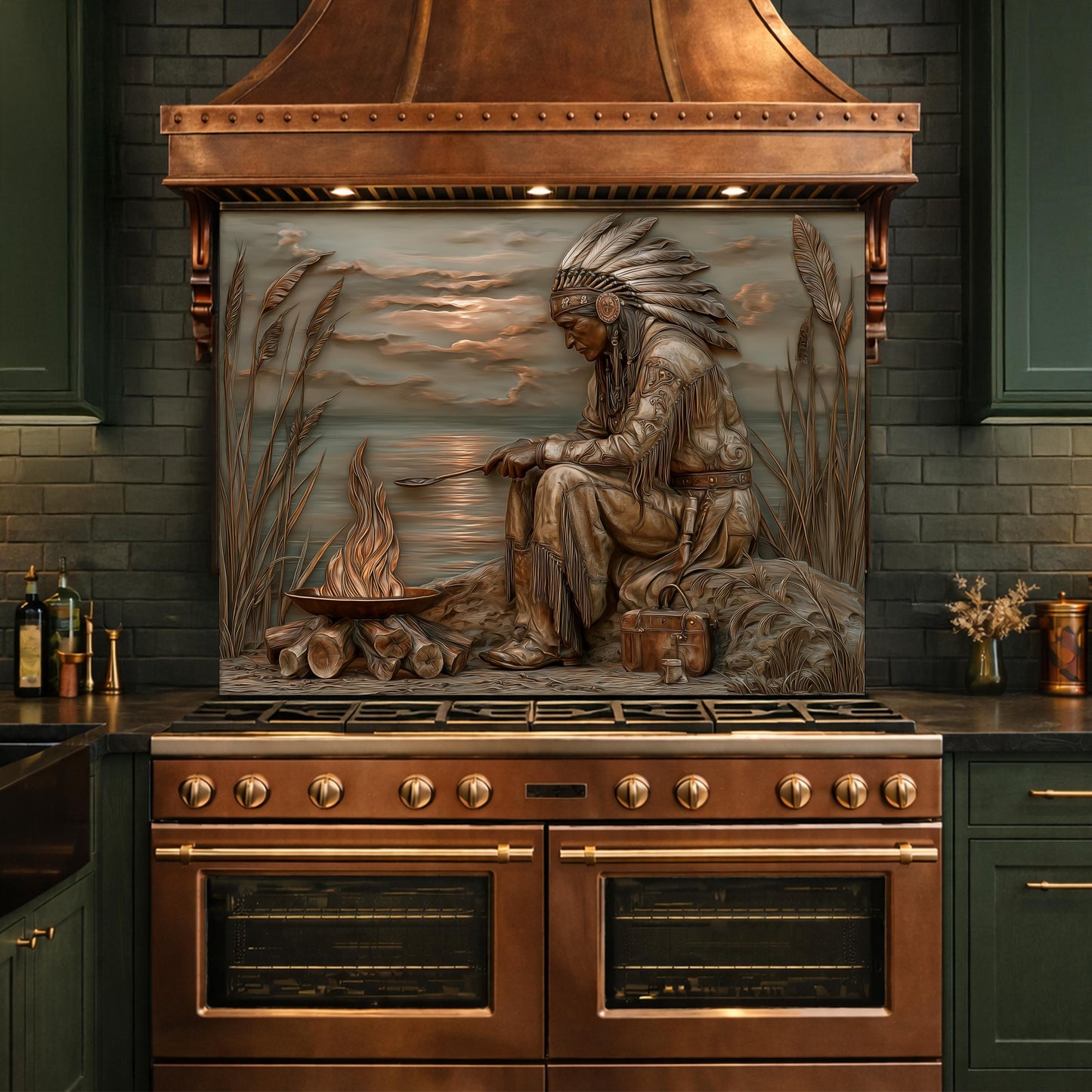 Native American Leader Lakeside Fire Tempered Glass Backsplash, Heritage Carved Relief Wall Panel