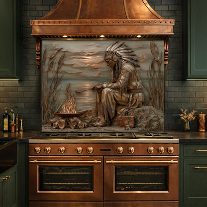 Native American Leader Lakeside Fire Tempered Glass Backsplash, Heritage Carved Relief Wall Panel