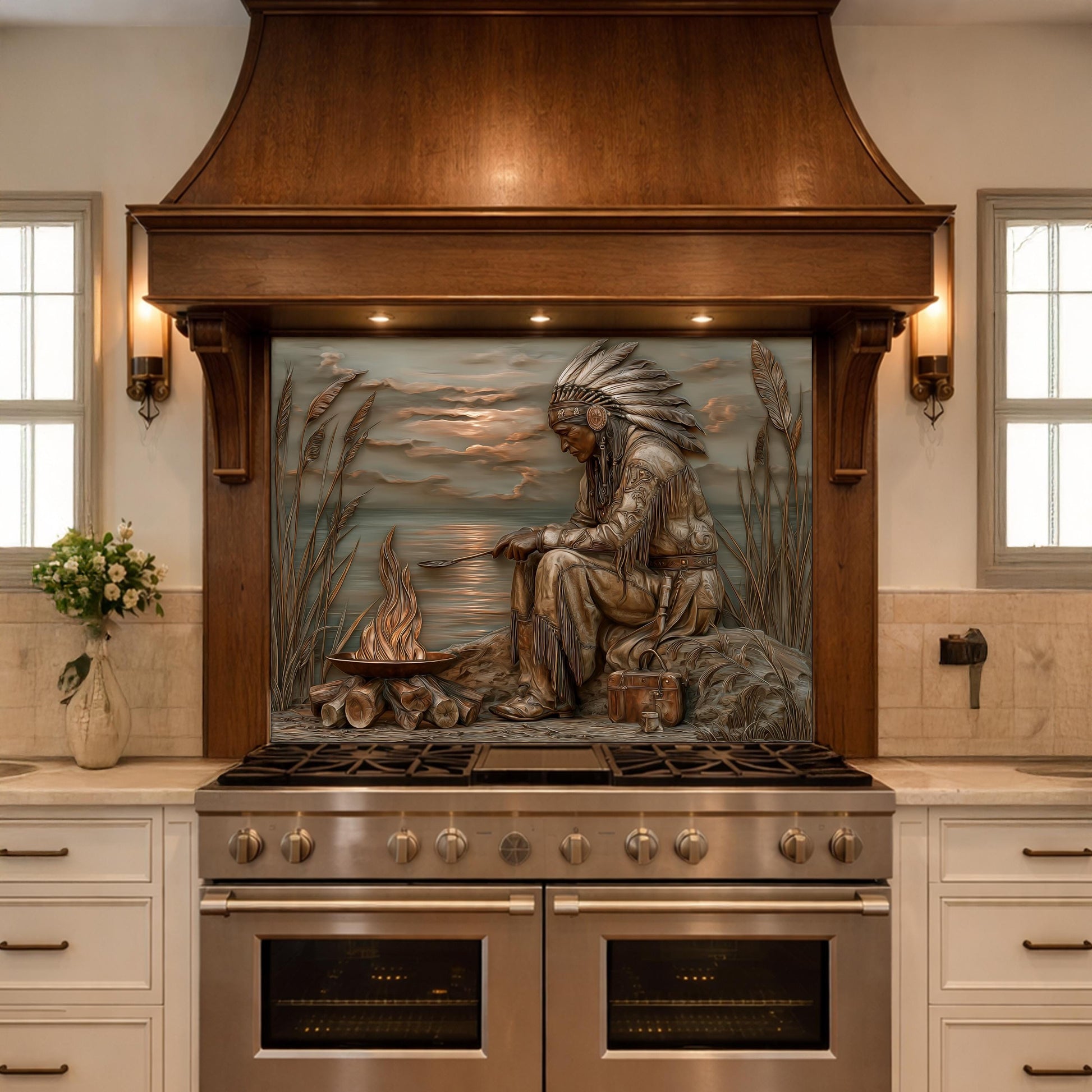 Native American Leader Lakeside Fire Tempered Glass Backsplash, Heritage Carved Relief Wall Panel