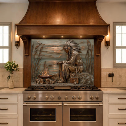 Native American Leader Lakeside Fire Tempered Glass Backsplash, Heritage Carved Relief Wall Panel