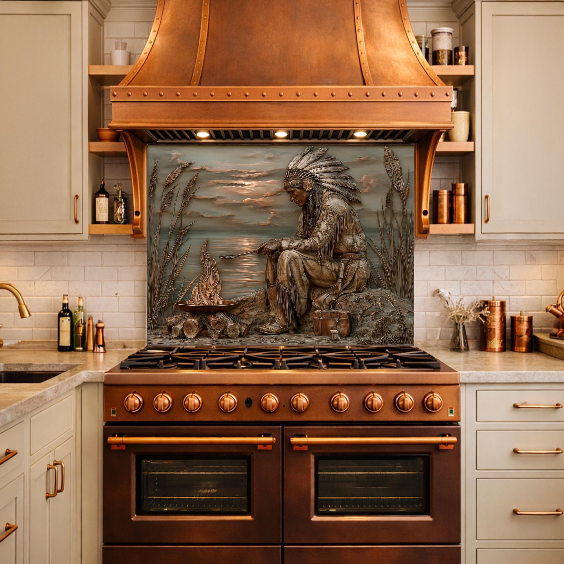 Native American Leader Lakeside Fire Tempered Glass Backsplash, Heritage Carved Relief Wall Panel