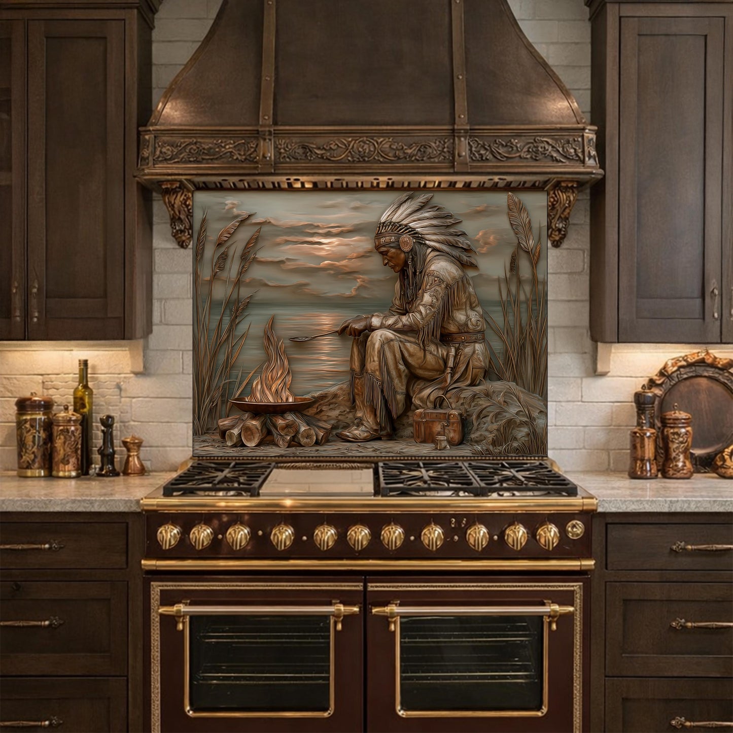 Native American Leader Lakeside Fire Tempered Glass Backsplash, Heritage Carved Relief Wall Panel