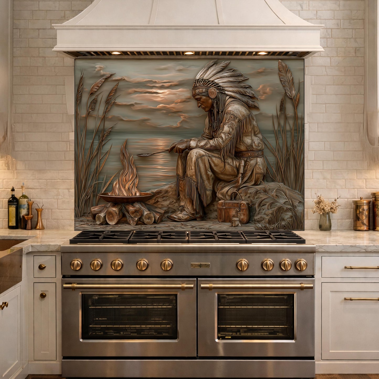Native American Leader Lakeside Fire Tempered Glass Backsplash, Heritage Carved Relief Wall Panel
