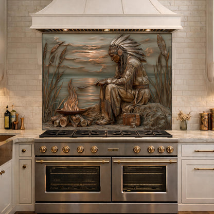 Native American Leader Lakeside Fire Tempered Glass Backsplash, Heritage Carved Relief Wall Panel