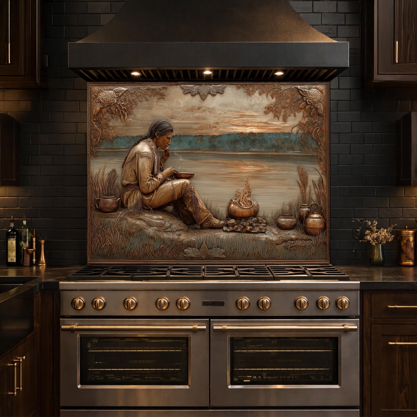 Native American Leader Lakeside Sunset Tempered Glass Backsplash, Heritage Carved Relief Wall Panel