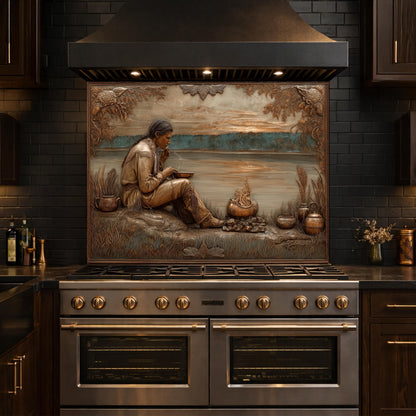 Native American Leader Lakeside Sunset Tempered Glass Backsplash, Heritage Carved Relief Wall Panel