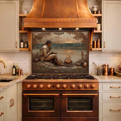 Native American Leader Lakeside Sunset Tempered Glass Backsplash, Heritage Carved Relief Wall Panel