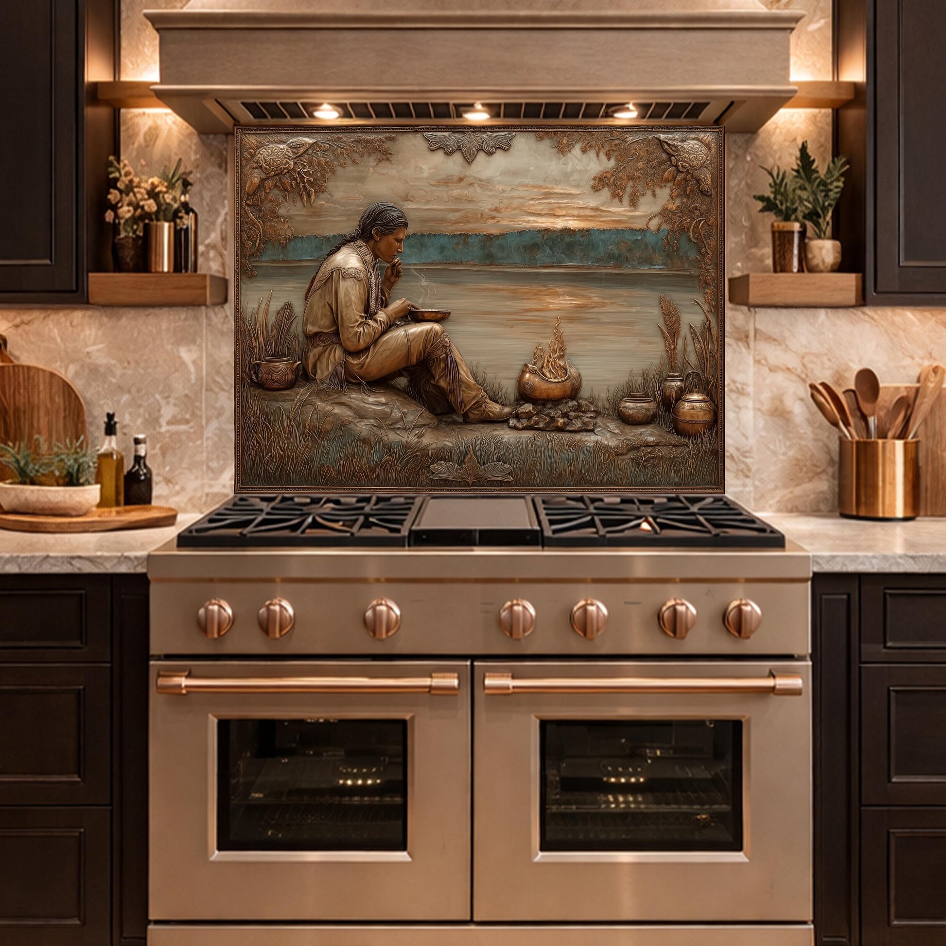 Native American Leader Lakeside Sunset Tempered Glass Backsplash, Heritage Carved Relief Wall Panel