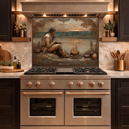 Native American Leader Lakeside Sunset Tempered Glass Backsplash, Heritage Carved Relief Wall Panel