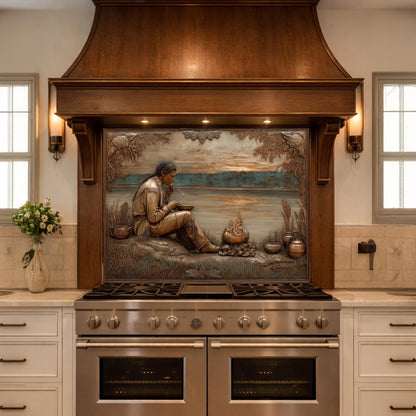 Native American Leader Lakeside Sunset Tempered Glass Backsplash, Heritage Carved Relief Wall Panel
