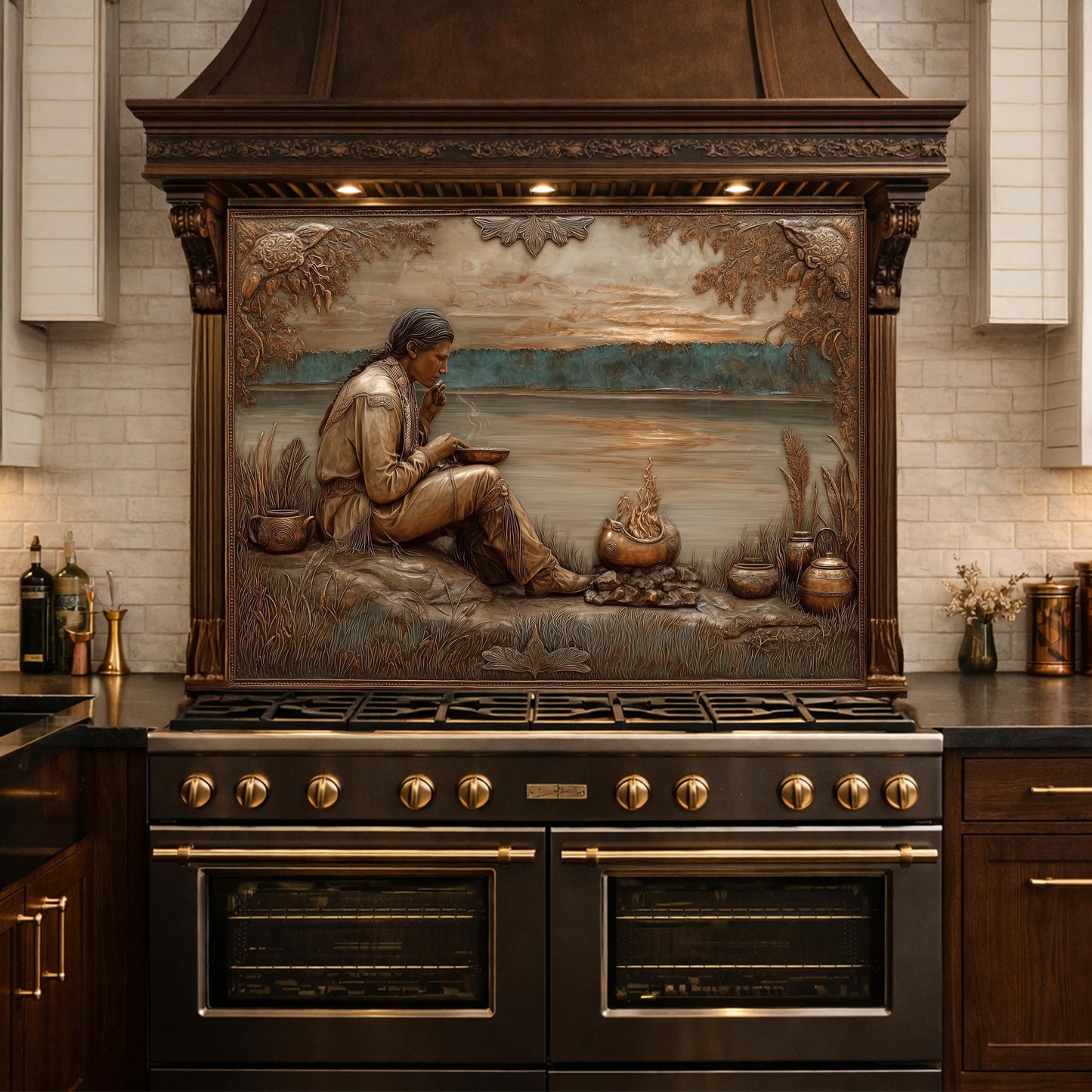 Native American Leader Lakeside Sunset Tempered Glass Backsplash, Heritage Carved Relief Wall Panel