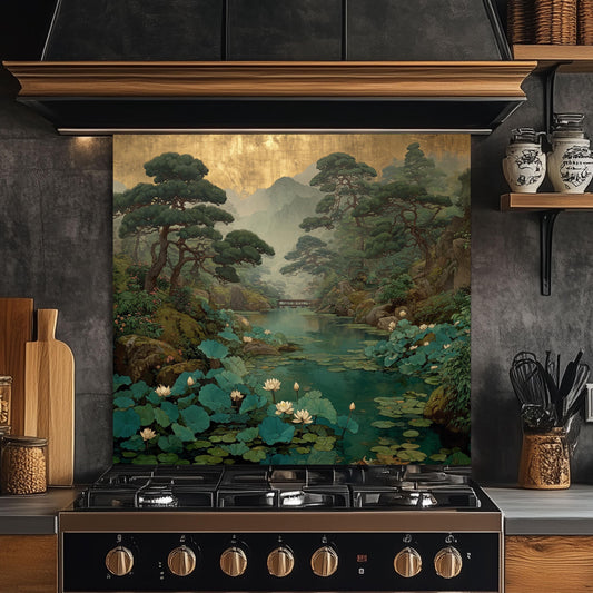 May include: A decorative kitchen backsplash featuring a serene landscape painting. The artwork depicts a tranquil pond with lily pads and white flowers, surrounded by lush green trees and mountains. The background has a gold leaf effect.
