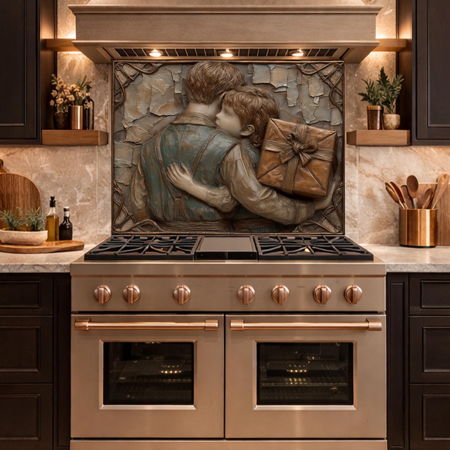 Father Child Tempered Glass Backsplash, Emotional Family Art Panel, Copper Relief Kitchen Wall Decor
