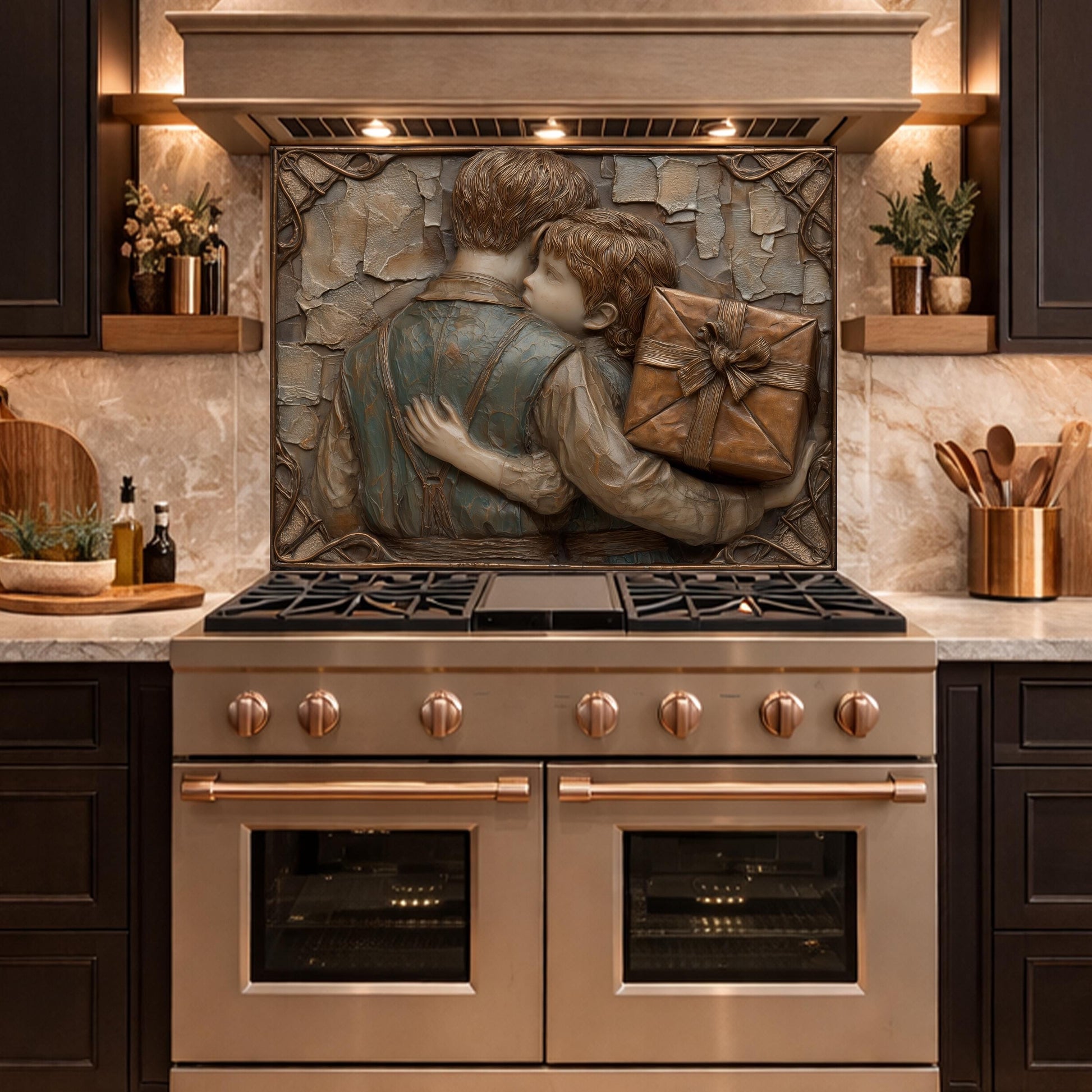 Father Child Tempered Glass Backsplash, Emotional Family Art Panel, Copper Relief Kitchen Wall Decor
