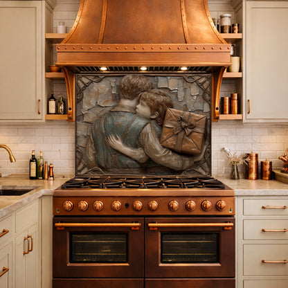 Father Child Tempered Glass Backsplash, Emotional Family Art Panel, Copper Relief Kitchen Wall Decor
