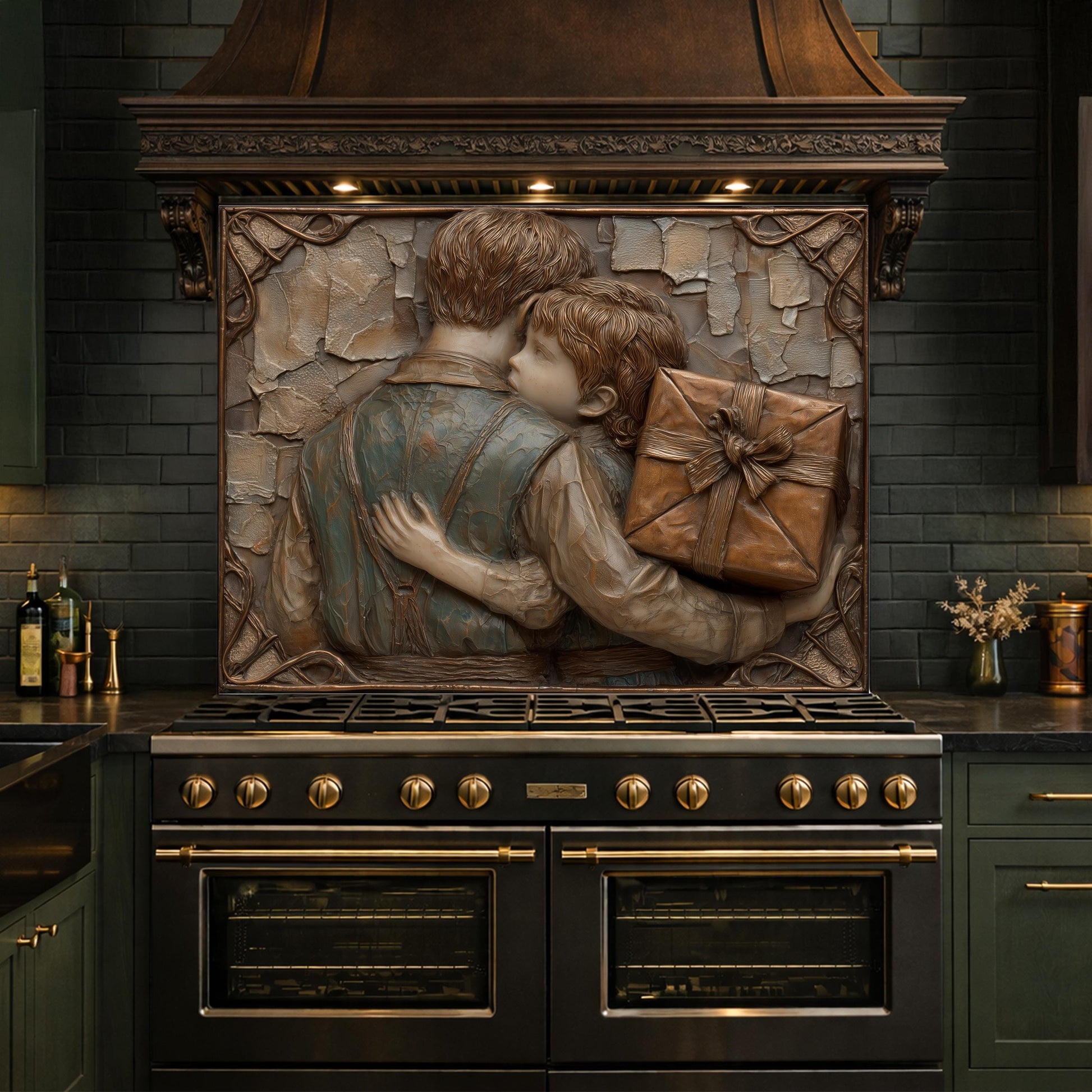 Father Child Tempered Glass Backsplash, Emotional Family Art Panel, Copper Relief Kitchen Wall Decor