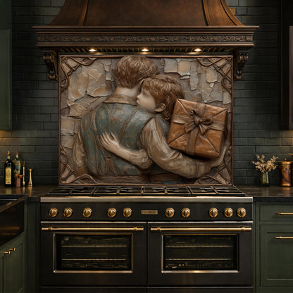 Father Child Tempered Glass Backsplash, Emotional Family Art Panel, Copper Relief Kitchen Wall Decor