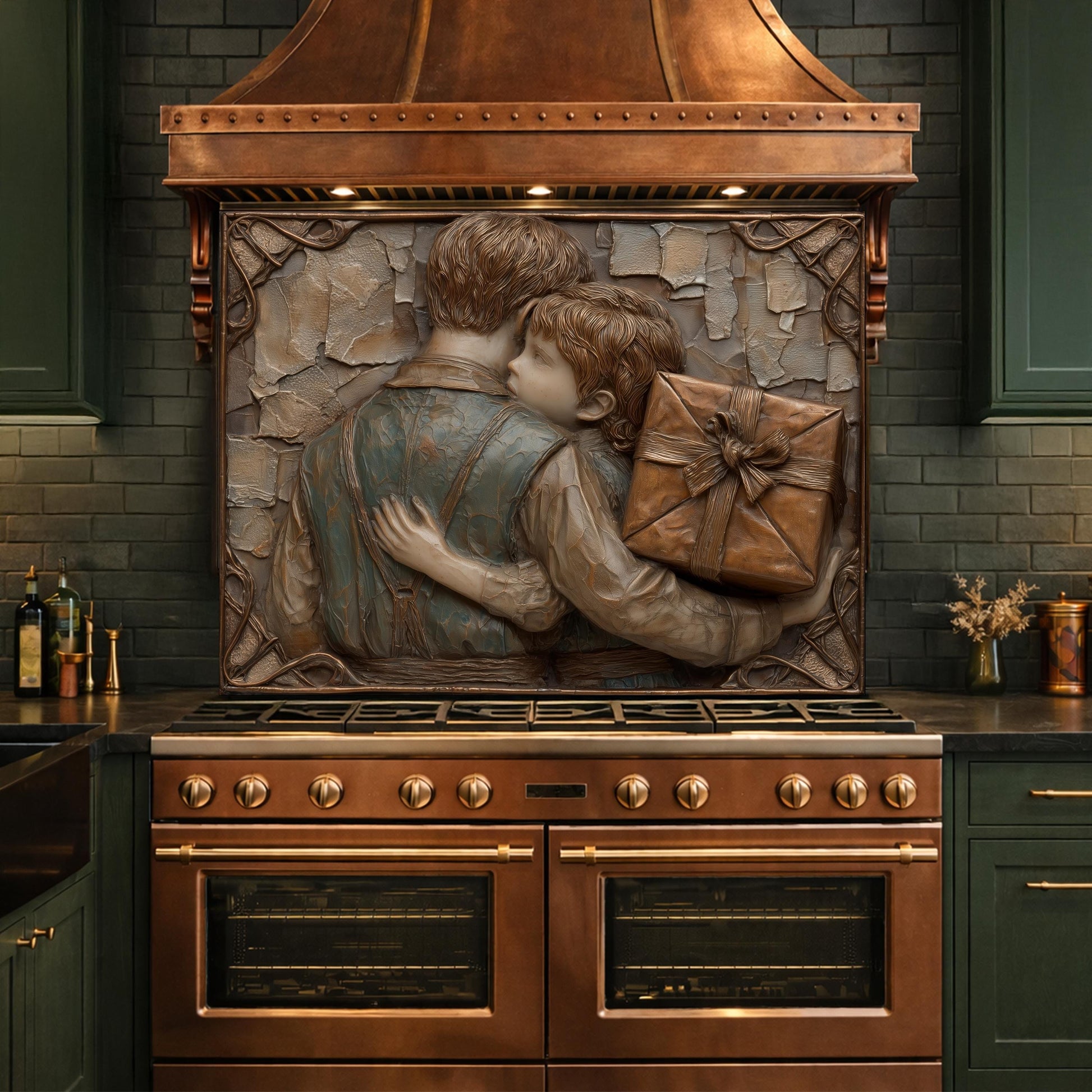 Father Child Tempered Glass Backsplash, Emotional Family Art Panel, Copper Relief Kitchen Wall Decor