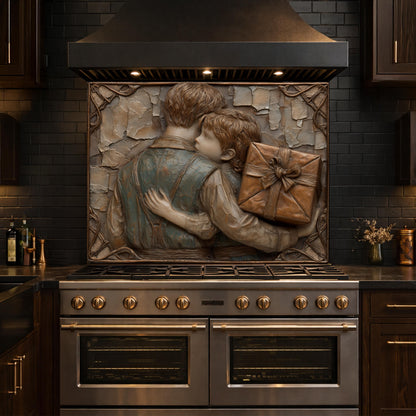 Father Child Tempered Glass Backsplash, Emotional Family Art Panel, Copper Relief Kitchen Wall Decor