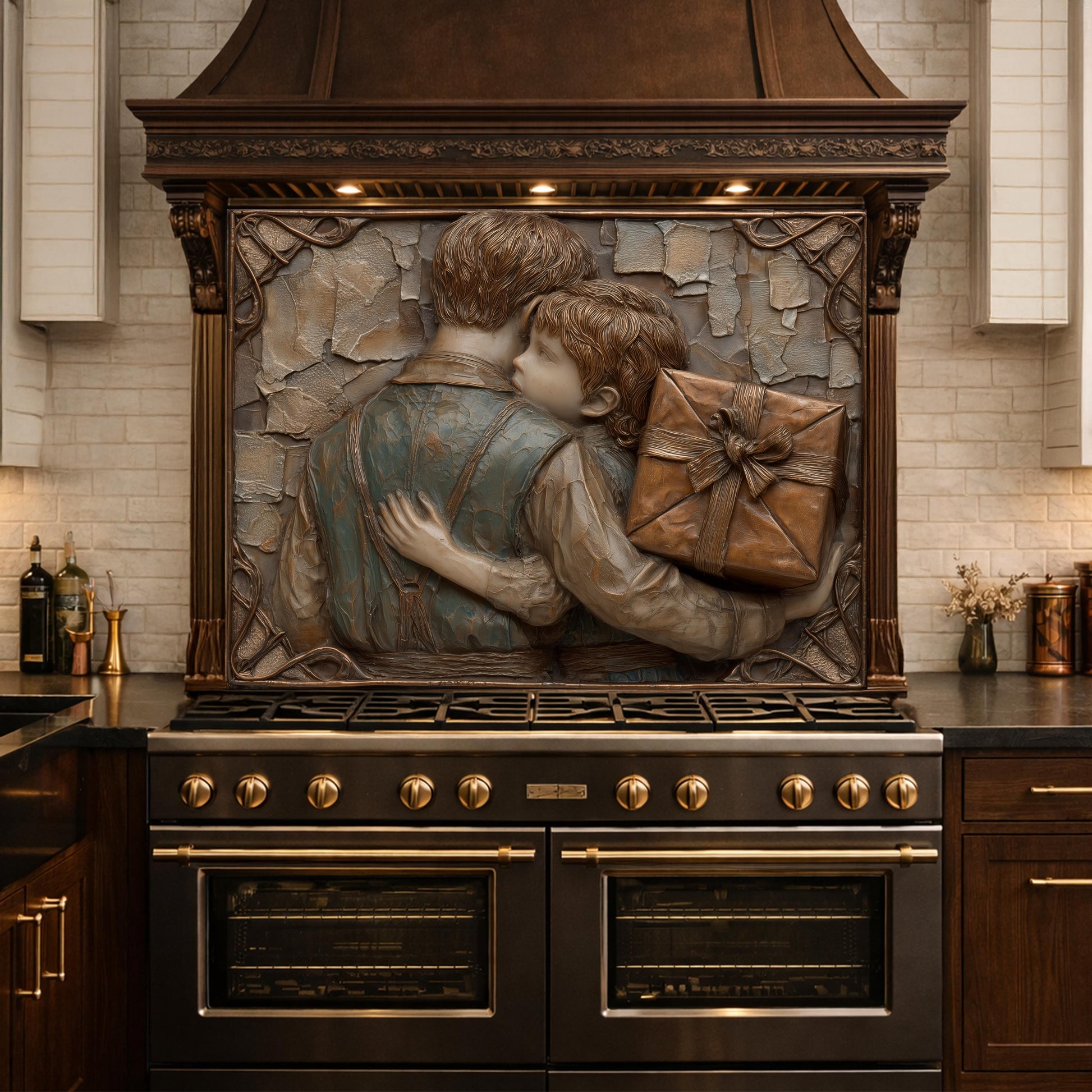 Father Child Tempered Glass Backsplash, Emotional Family Art Panel, Copper Relief Kitchen Wall Decor