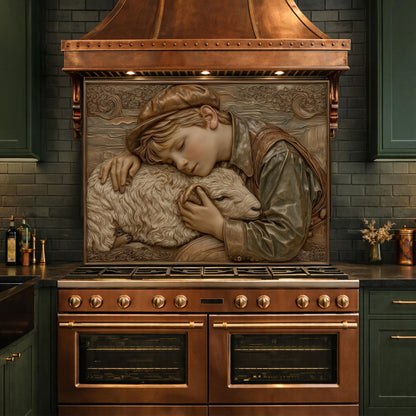 Shepherd Boy Tempered Glass Backsplash, Rustic Farm Art Panel, Lamb Shepherd Kitchen Wall Decor
