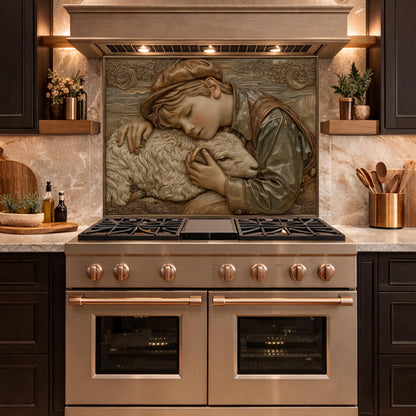 Shepherd Boy Tempered Glass Backsplash, Rustic Farm Art Panel, Lamb Shepherd Kitchen Wall Decor