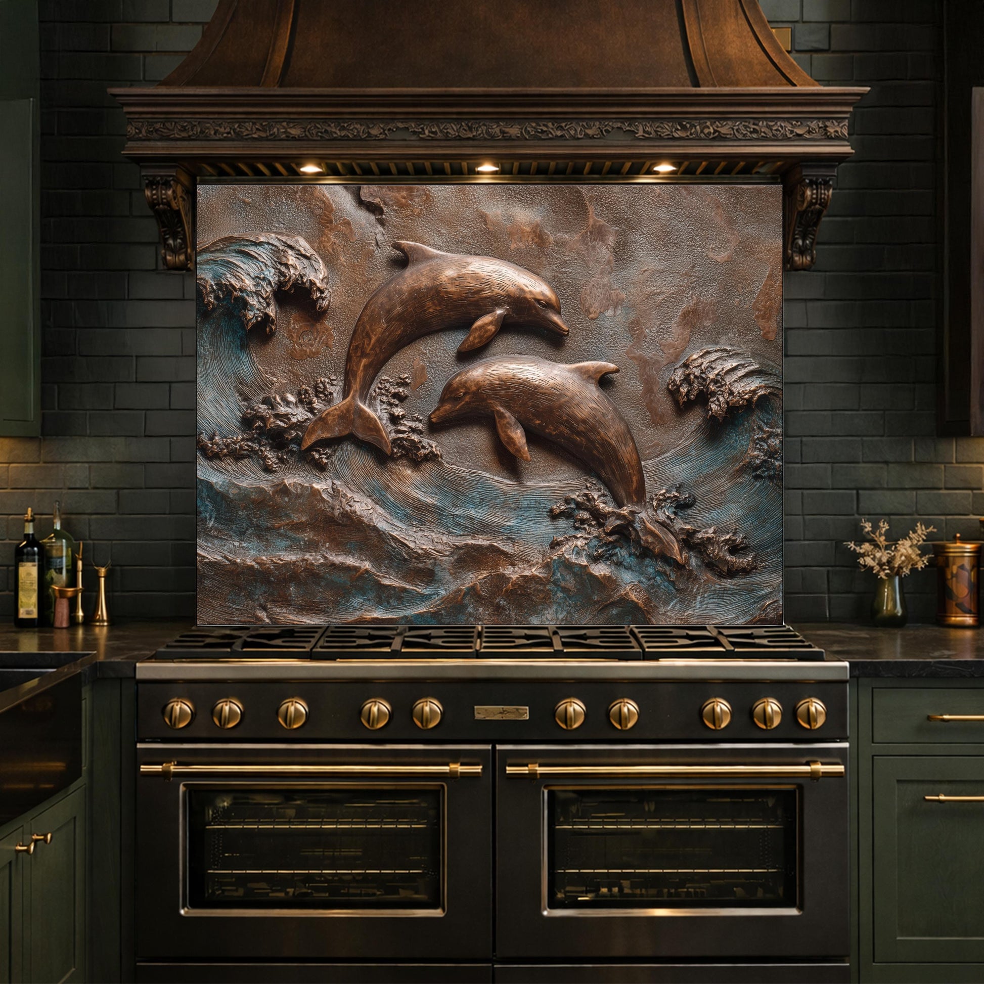 Dolphin Tempered Glass Backsplash, Coastal Ocean Wave Kitchen Panel, Bronze Marine Wall Art Decor