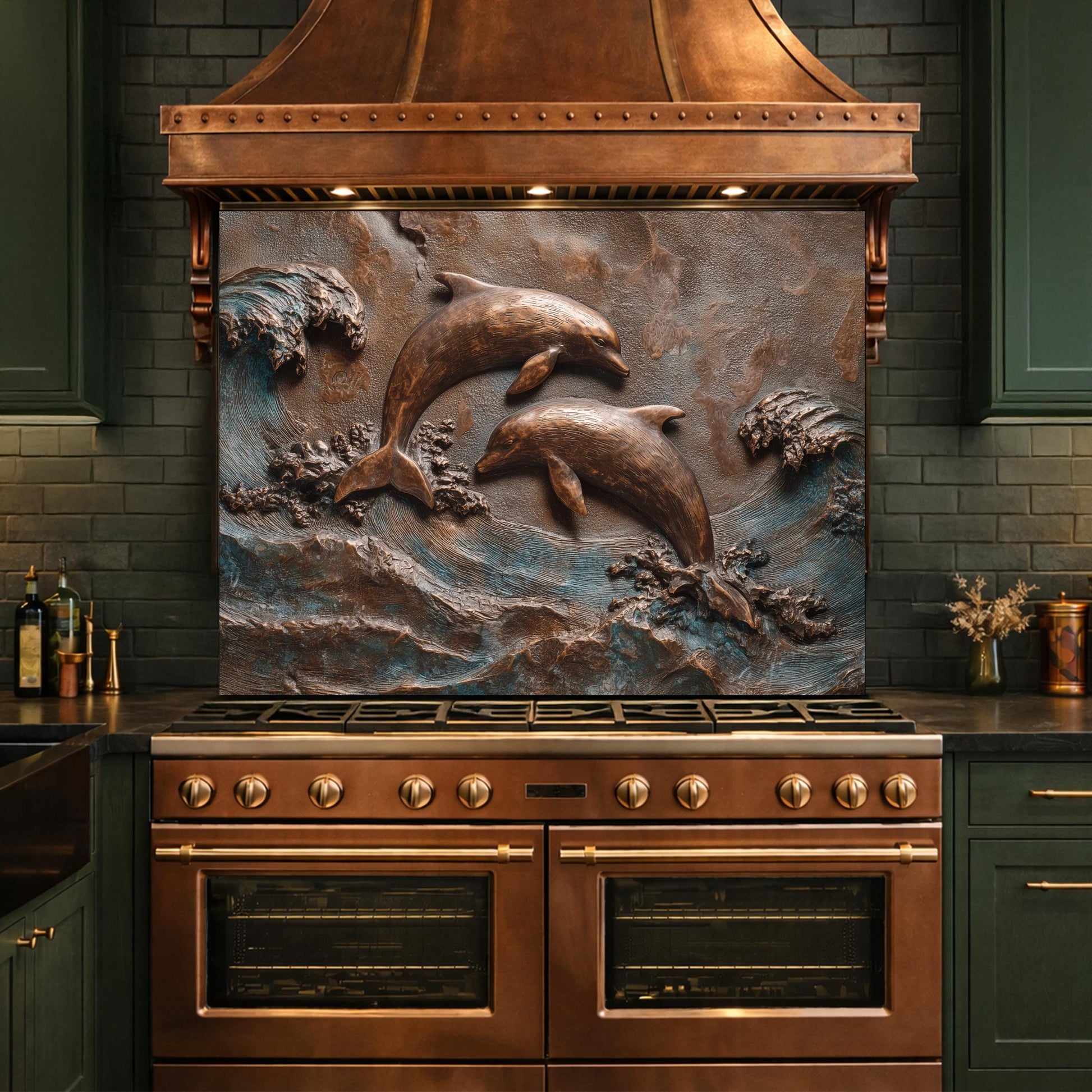 Dolphin Tempered Glass Backsplash, Coastal Ocean Wave Kitchen Panel, Bronze Marine Wall Art Decor