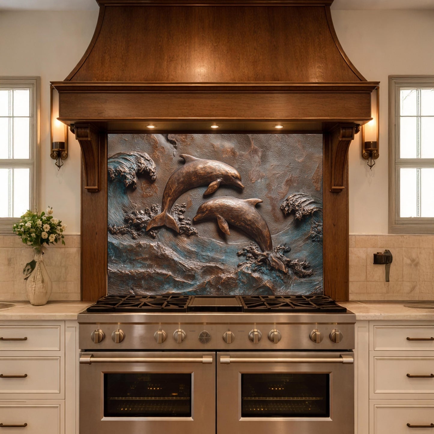 Dolphin Tempered Glass Backsplash, Coastal Ocean Wave Kitchen Panel, Bronze Marine Wall Art Decor