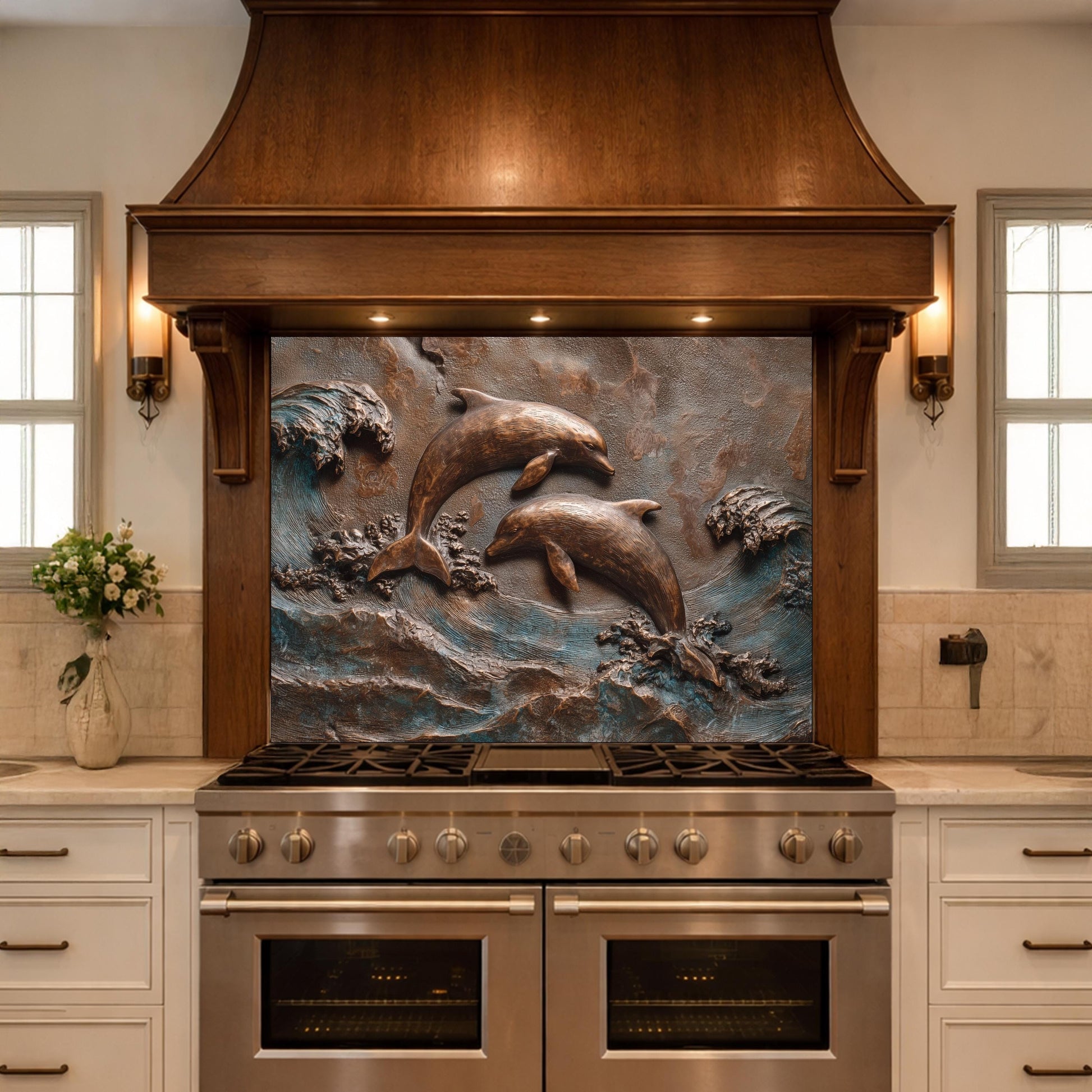 Dolphin Tempered Glass Backsplash, Coastal Ocean Wave Kitchen Panel, Bronze Marine Wall Art Decor