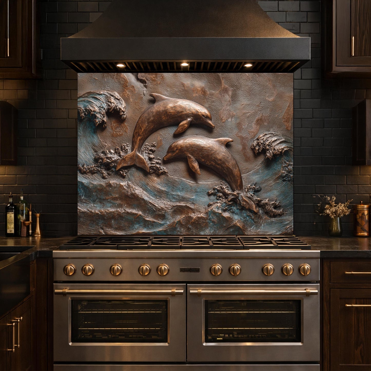Dolphin Tempered Glass Backsplash, Coastal Ocean Wave Kitchen Panel, Bronze Marine Wall Art Decor