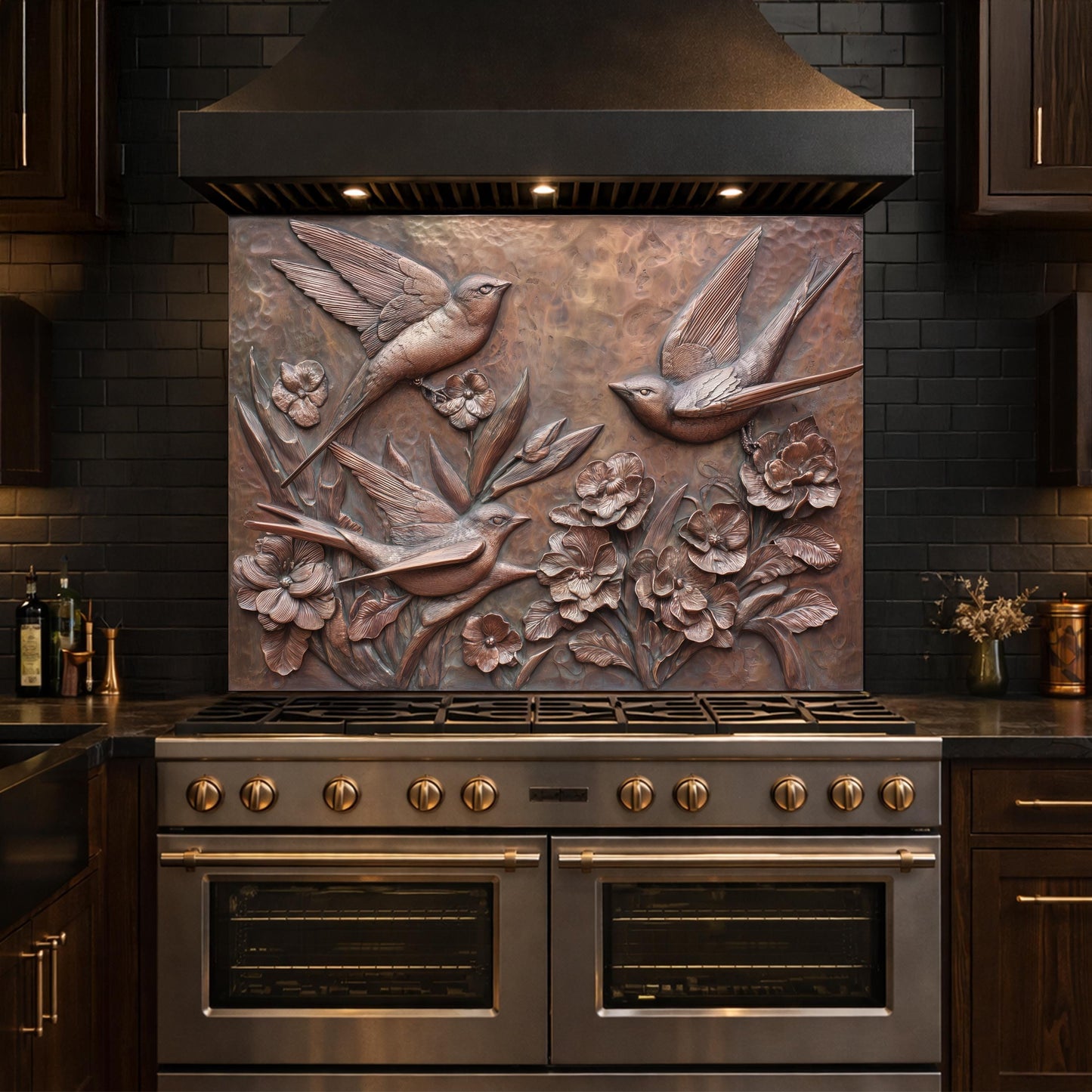 Hammered Copper Birds and Flowers Tempered Glass Backsplash, Rustic Metal Relief Wall Panel