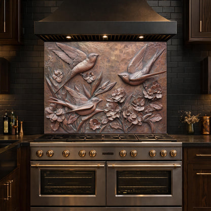 Hammered Copper Birds and Flowers Tempered Glass Backsplash, Rustic Metal Relief Wall Panel