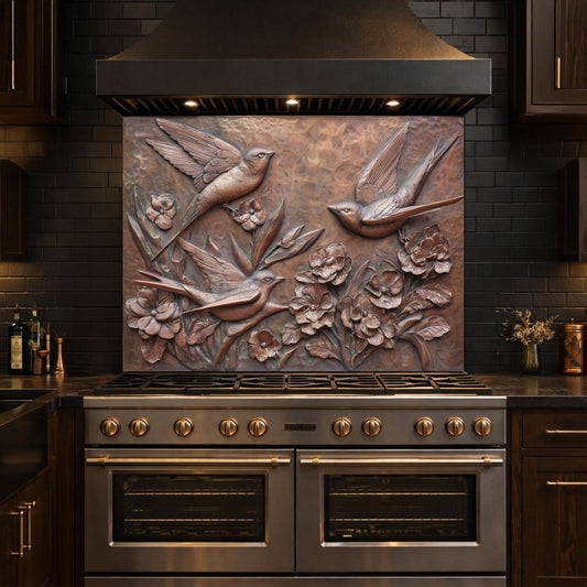 Hammered Copper Birds and Flowers Tempered Glass Backsplash, Rustic Metal Relief Wall Panel