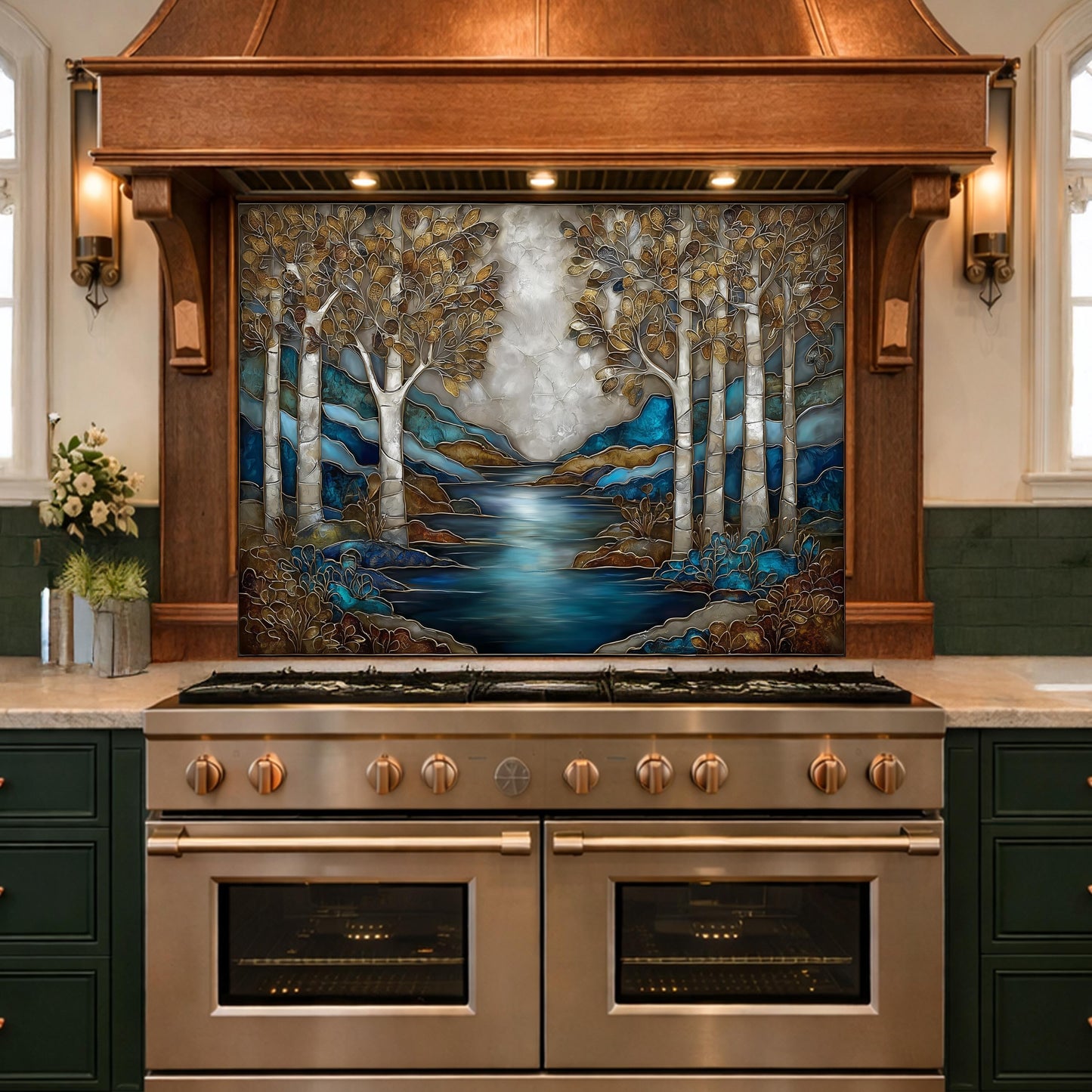 Teal Gold Forest Lake Backsplash Stained Glass Landscape Wall Art Tempered Glass Panel